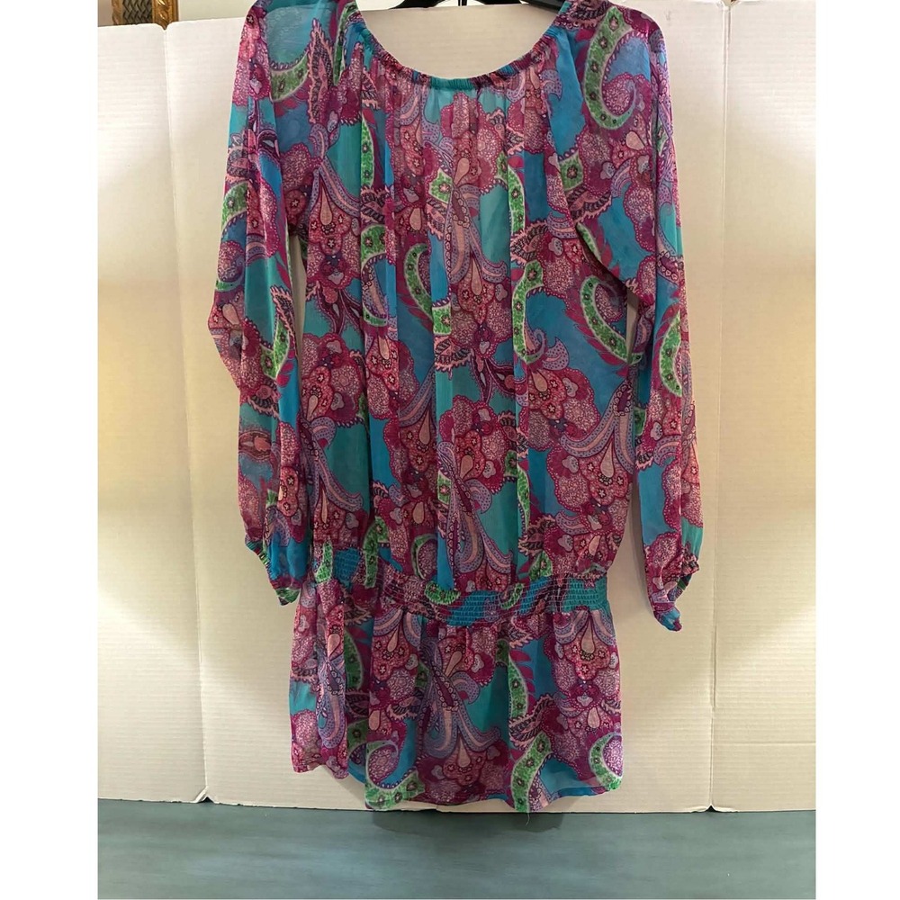 Jones New York Tunic Top Womens L Teal Pink Paisley Chiffon Smocked Boho Blouse